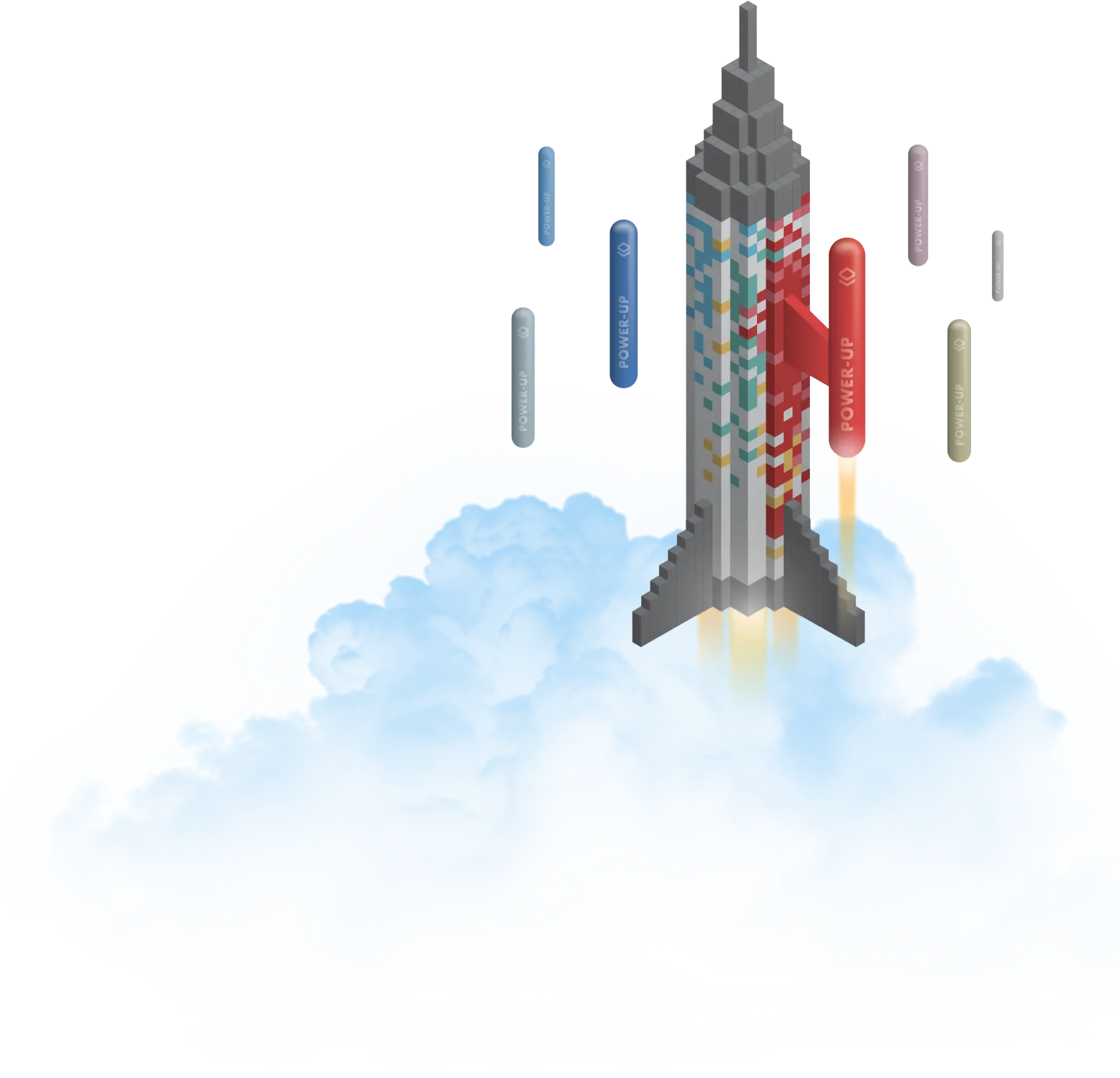 PowerUp rocket made of Legos accompanied by colorful pills.