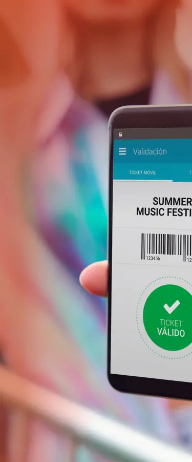 A person showcasing the Intellitickets product from their mobile device.