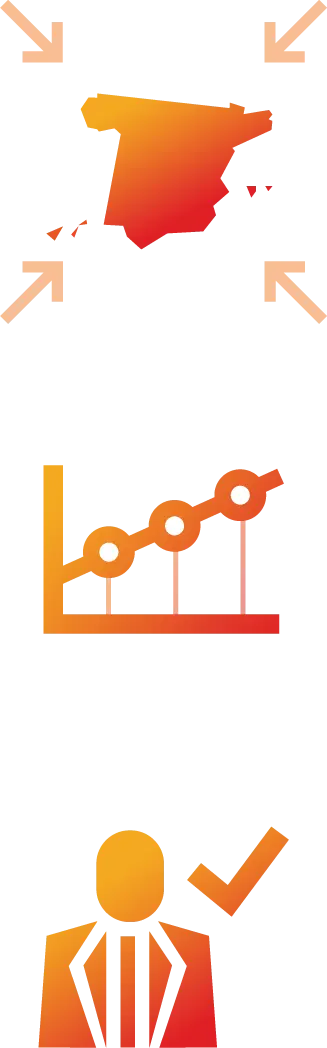 Orange icons of: the territory of Spain being pointed at, a graph of an increasing line, and a person next to a checkmark.