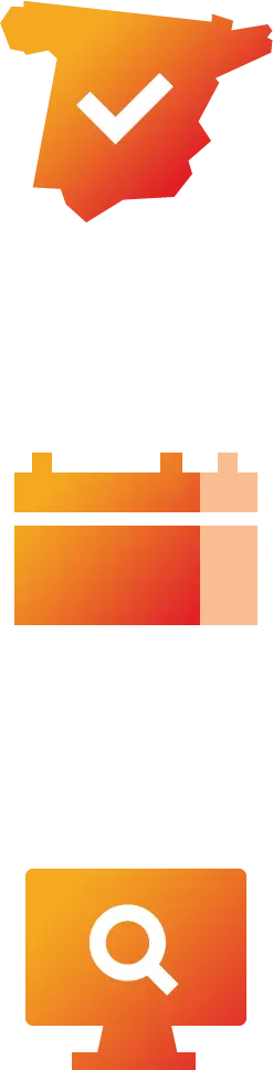 Orange icons of: the territory of Spain, a car battery, and a magnifying glass inside a computer.