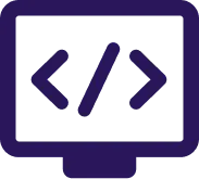 Icono de símbolo de código en azul dentro de una pantalla.