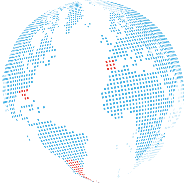 World map globe made of light blue dots.