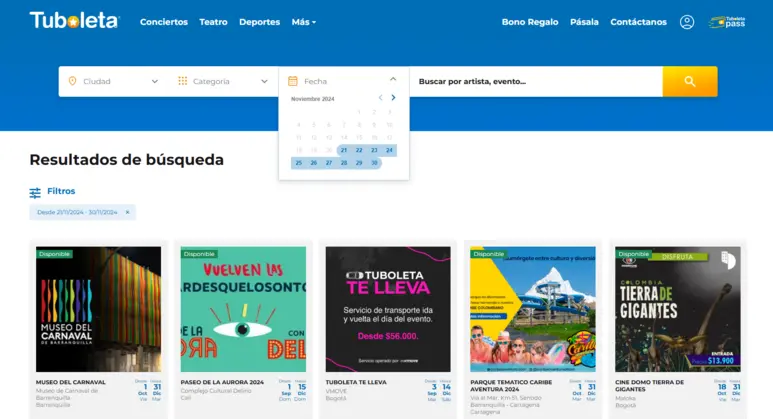 Sección de búsqueda de la plataforma TuBoleta.