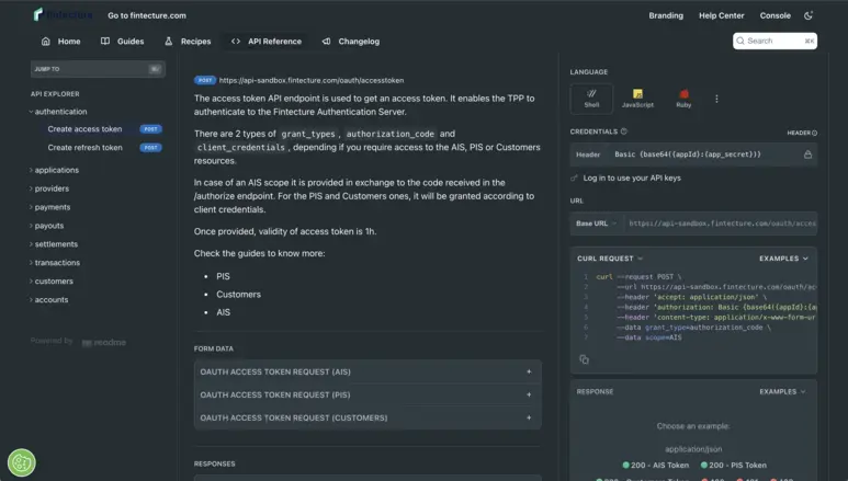 Pantalla de la sección de documentación de la API de Fintecture