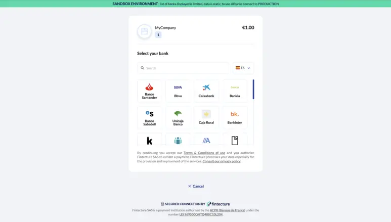 Pantalla de la sección de conexión de los bancos Fintecture