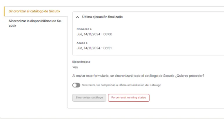 Sección Sincronización del Catálogo de la plataforma TuBoleta.