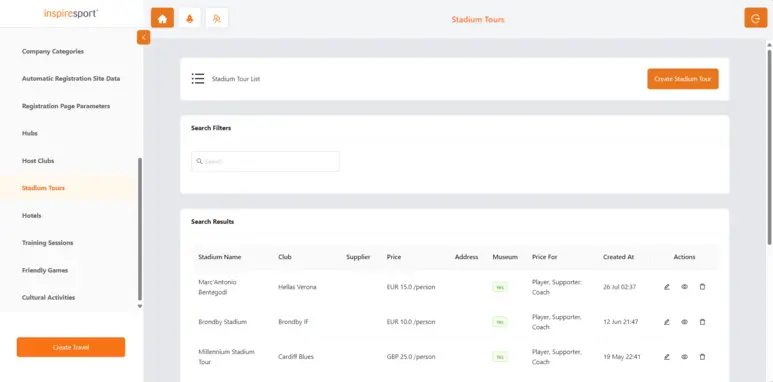 Section Flight and Hotel Management of platform InspireSport