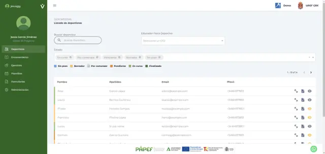 IMUDS - Captura de pantalla de la sección de la lista de atletas